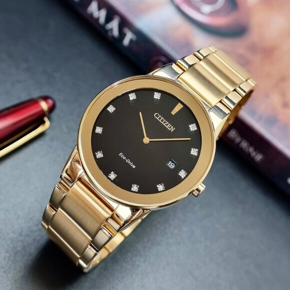 CITIZEN AU1062-56G AXIOM BLACK DIAMOND DIAL GOLD STAINLESS BRACELET MENS WATCH - Picture 6 of 14